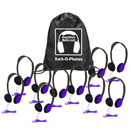 Hamiltonbuhl Sack-O-Phones, 10 Personal Headphones in a Carry Bag, Purple, 10PK SOP-HA2PPL